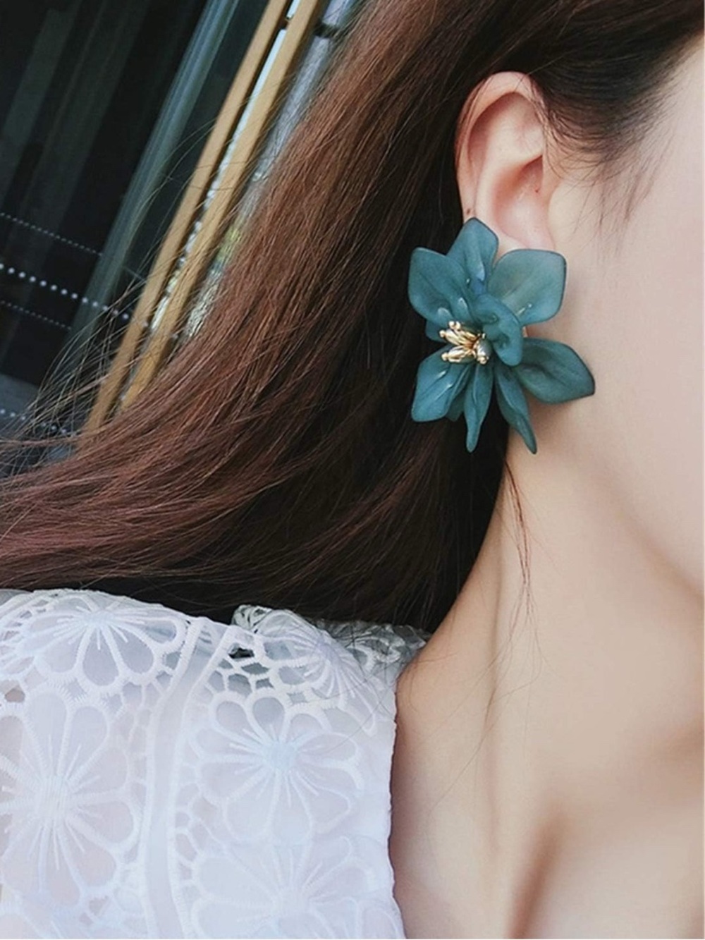 Green Floral Statement Earrings - Elegant Petal Design - Picture 4 of 6